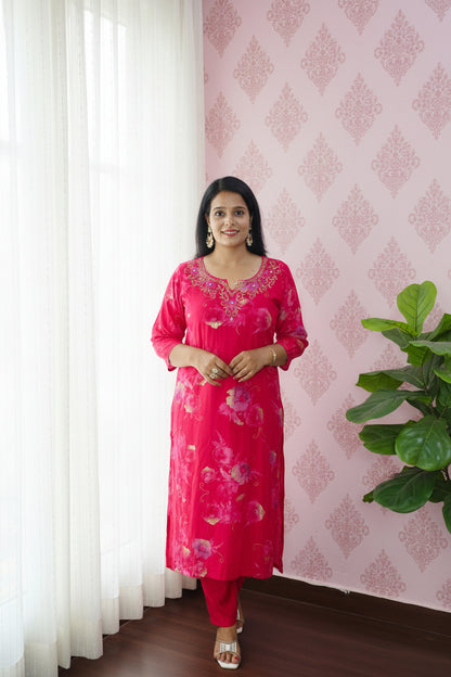Pink Embroidered Suit Set with Banarasi Dupatta