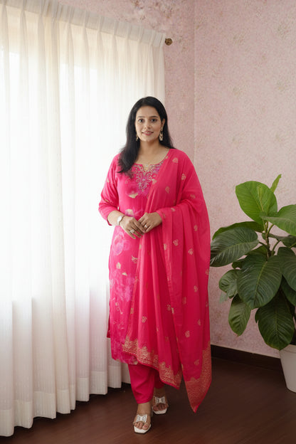 Pink Embroidered Suit Set with Banarasi Dupatta