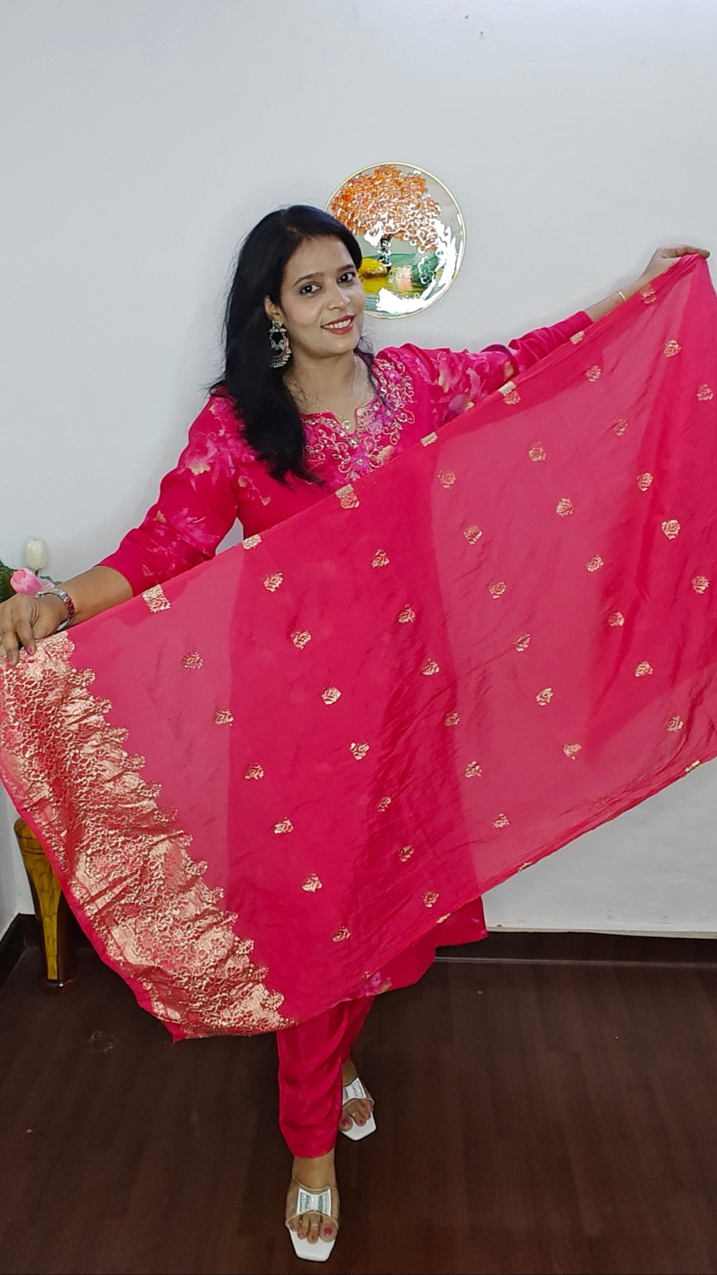 PINK  EMBROIDERED SUIT SET WITH BANARASI DUPPATA