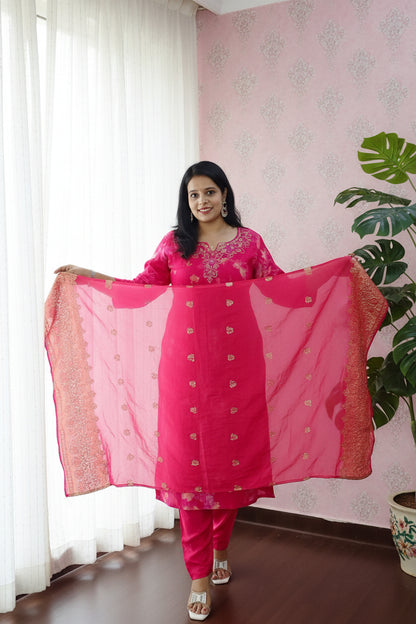 Pink Embroidered Suit Set with Banarasi Dupatta