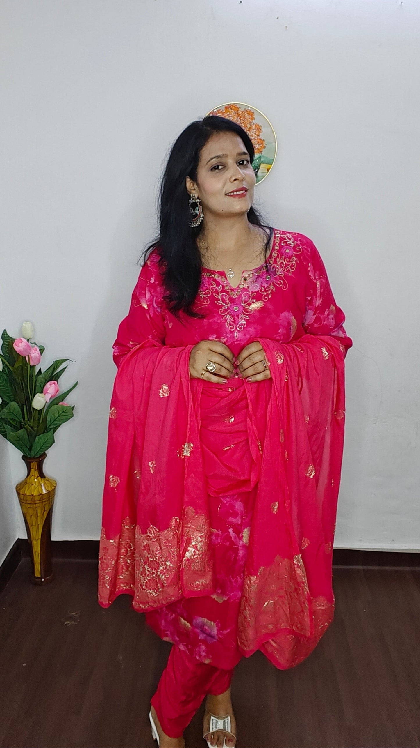 PINK  EMBROIDERED SUIT SET WITH BANARASI DUPPATA