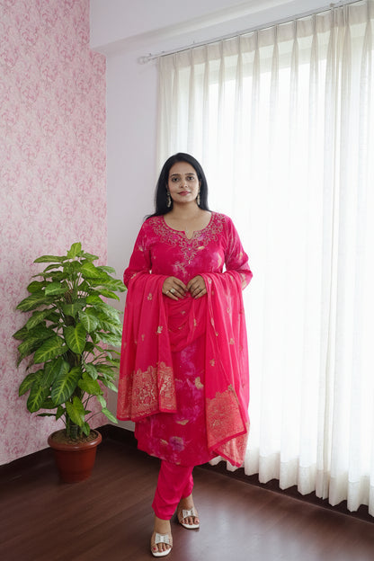 Pink Embroidered Suit Set with Banarasi Dupatta