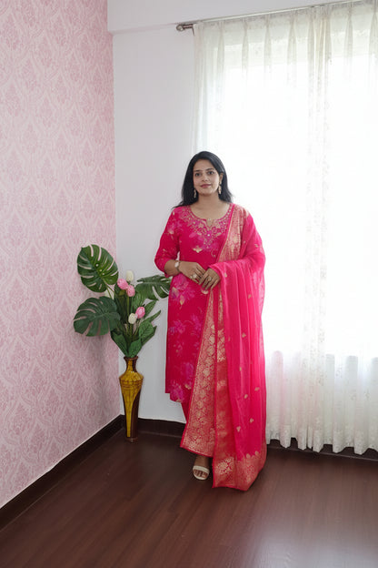 Pink Embroidered Suit Set with Banarasi Dupatta