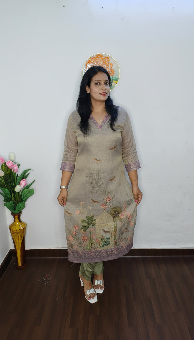 ELEGANT GREY LINEN SUIT FRENCH KNOT HAND EMBROIDERY