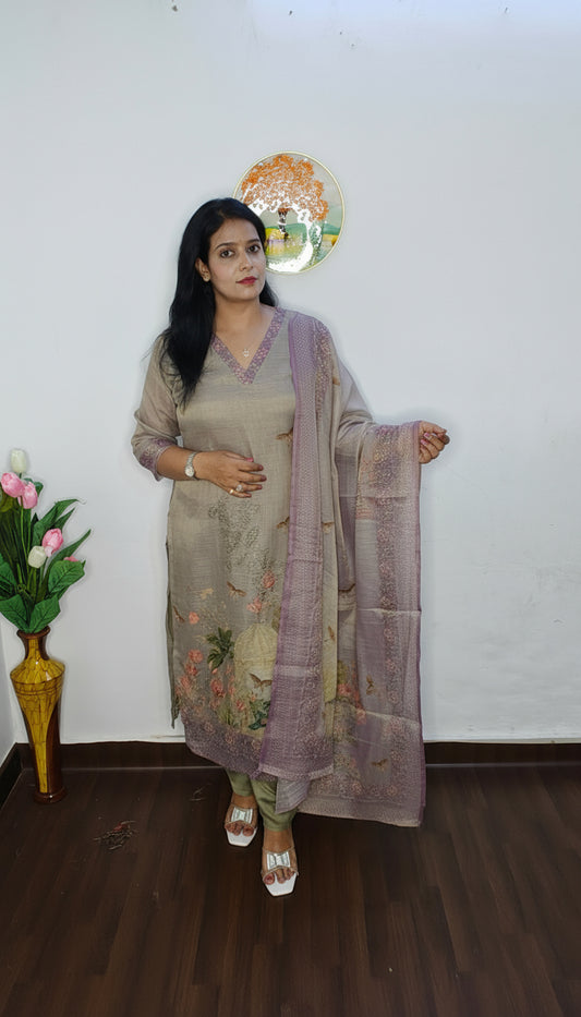 ELEGANT GREY LINEN SUIT FRENCH KNOT HAND EMBROIDERY