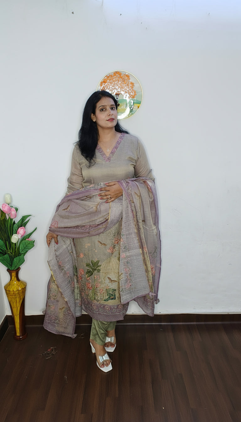 ELEGANT GREY LINEN SUIT FRENCH KNOT HAND EMBROIDERY