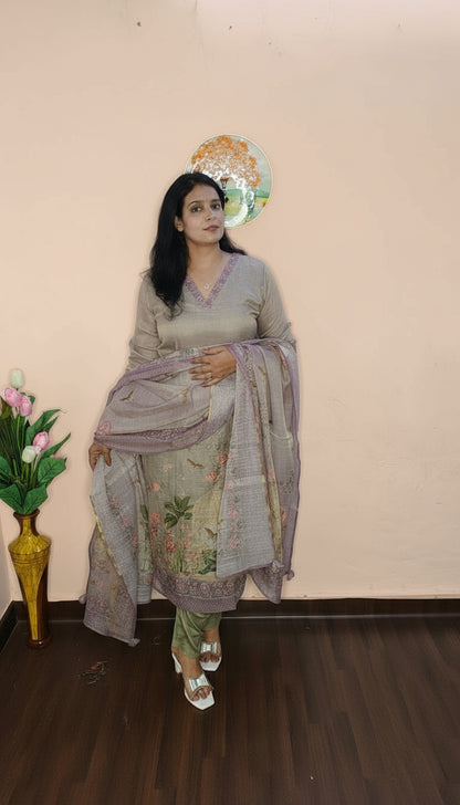Grey Linen Suit with French Knot Hand Embroidery