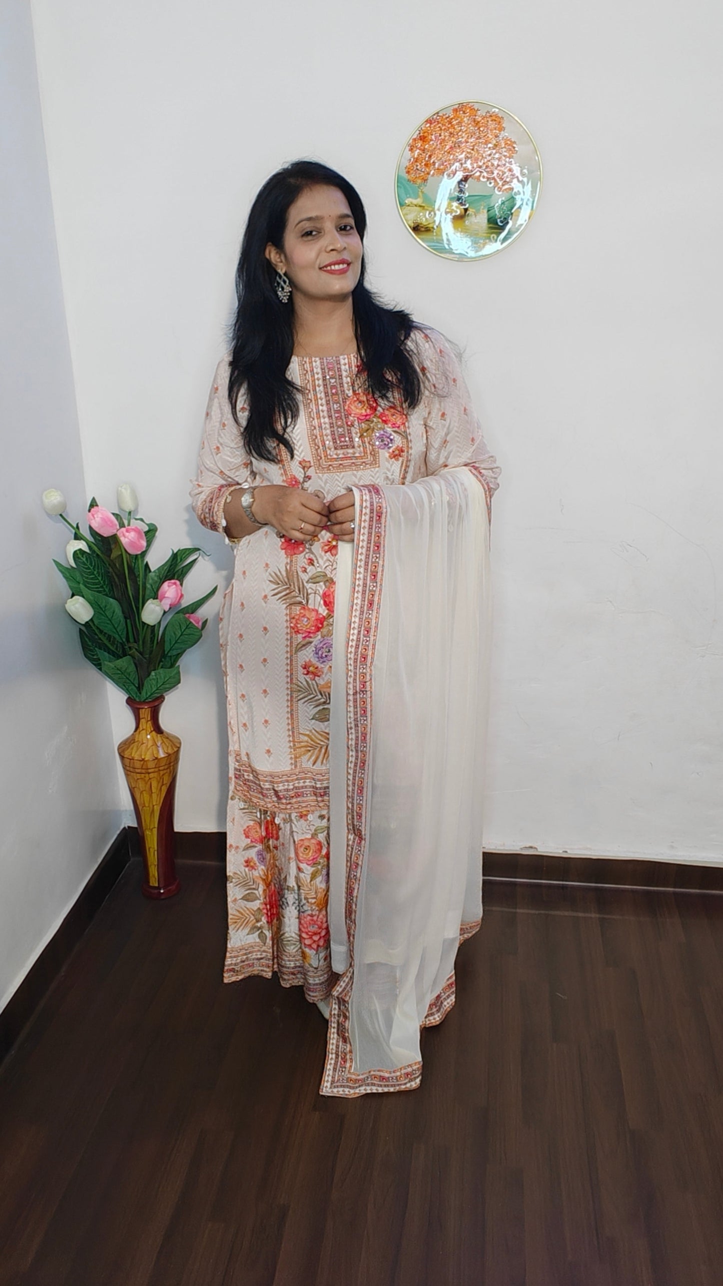 WARM IVORY BUTTER CREPE FLARRED PLAZZO SUIT SET