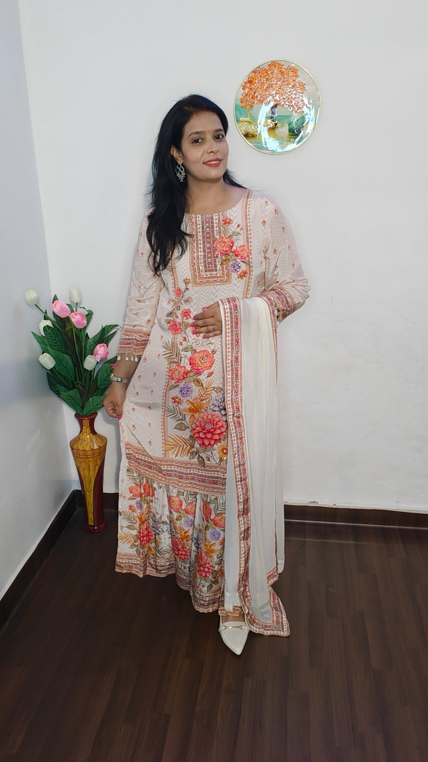 WARM IVORY BUTTER CREPE FLARRED PLAZZO SUIT SET