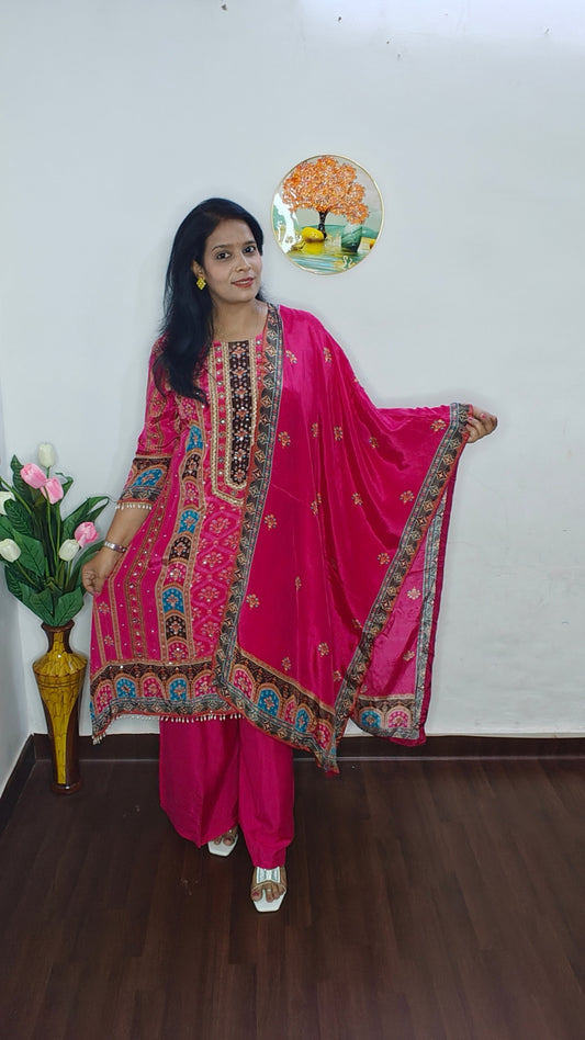 RANI PINK A-LINE  EMBROIDERED TUSSEL CREPE PLAZZO SET