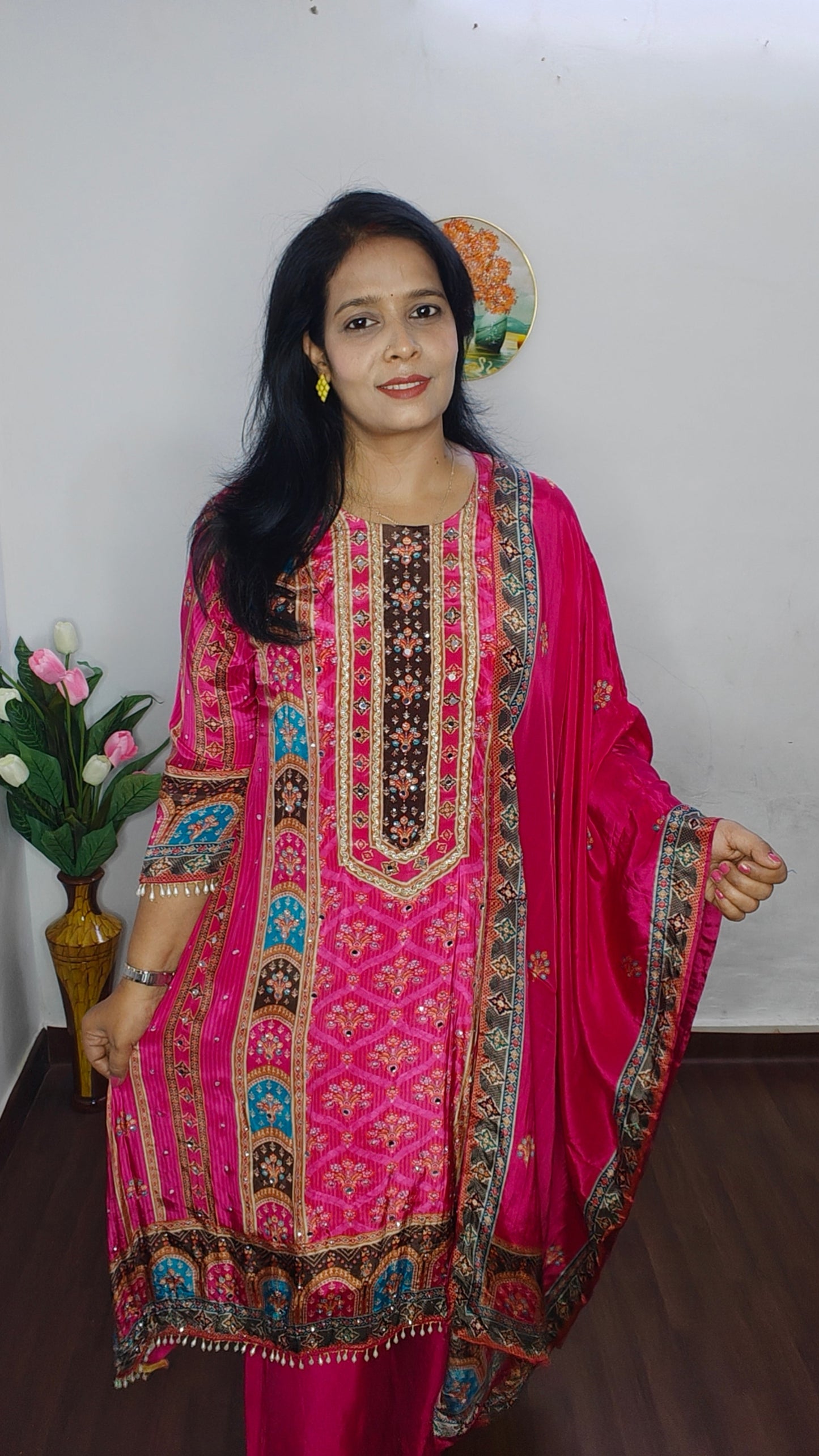 RANI PINK A-LINE  EMBROIDERED TUSSEL CREPE PLAZZO SET