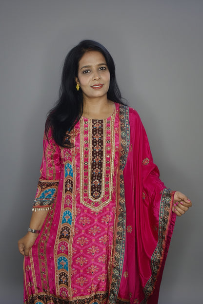 Rani Pink A-Line Embroidered Crepe Palazzo Set