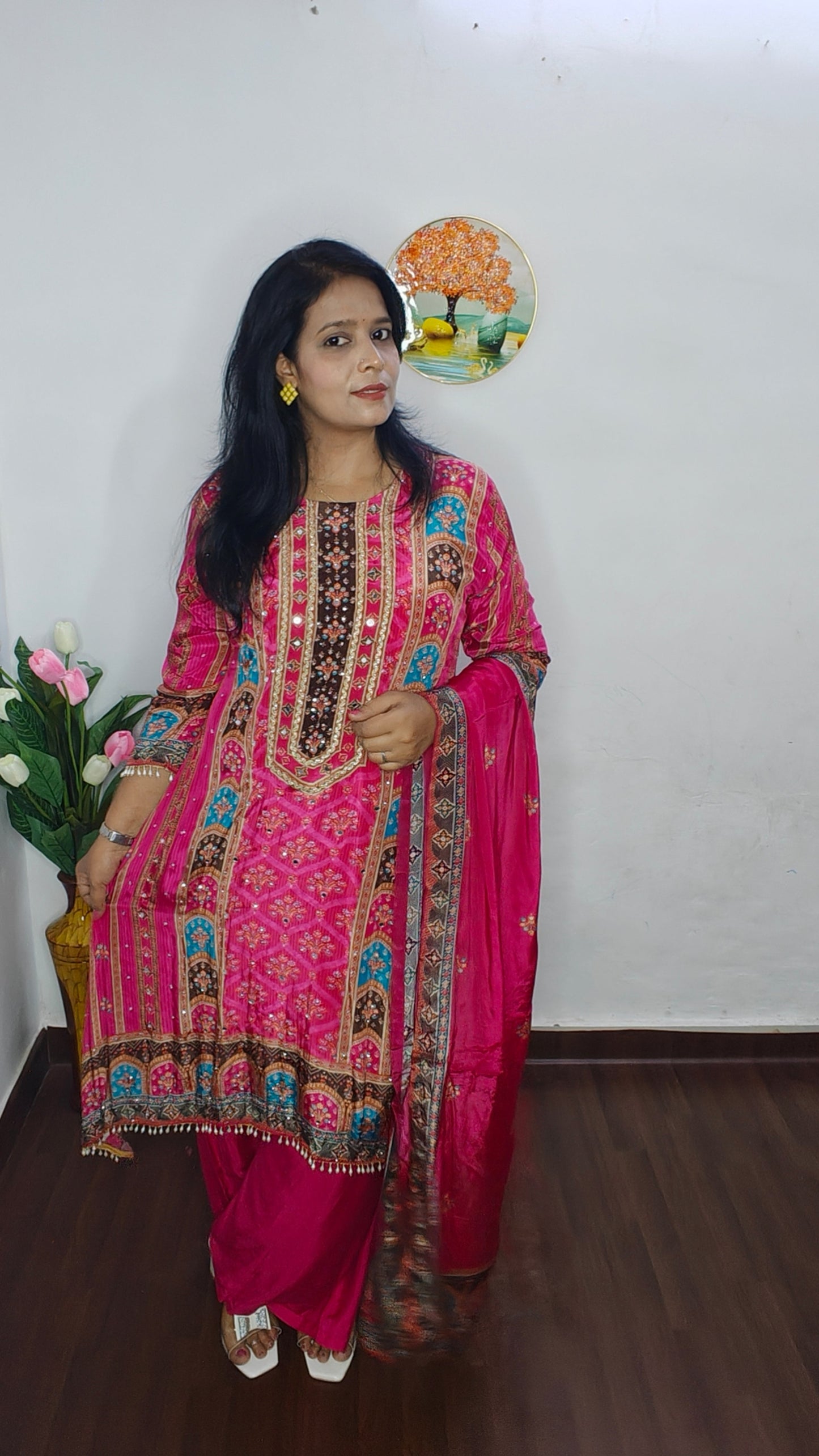 RANI PINK A-LINE  EMBROIDERED TUSSEL CREPE PLAZZO SET