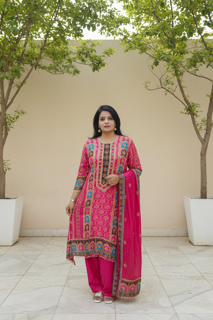 Rani Pink A-Line Embroidered Crepe Palazzo Set