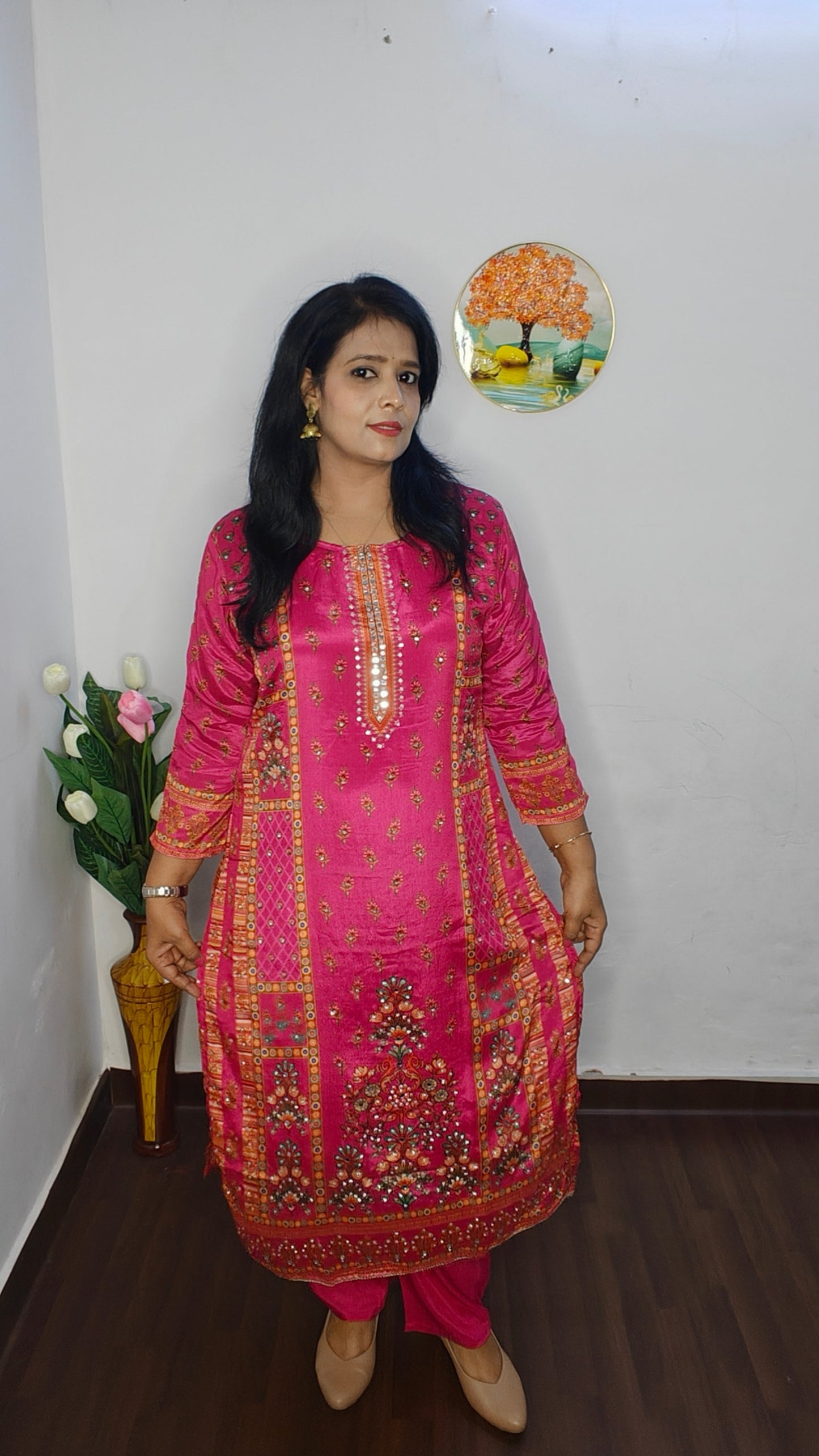 HOT PINK  CHINON GOLDEN SEQUIN WITH MIRROR WORK SUIT SET