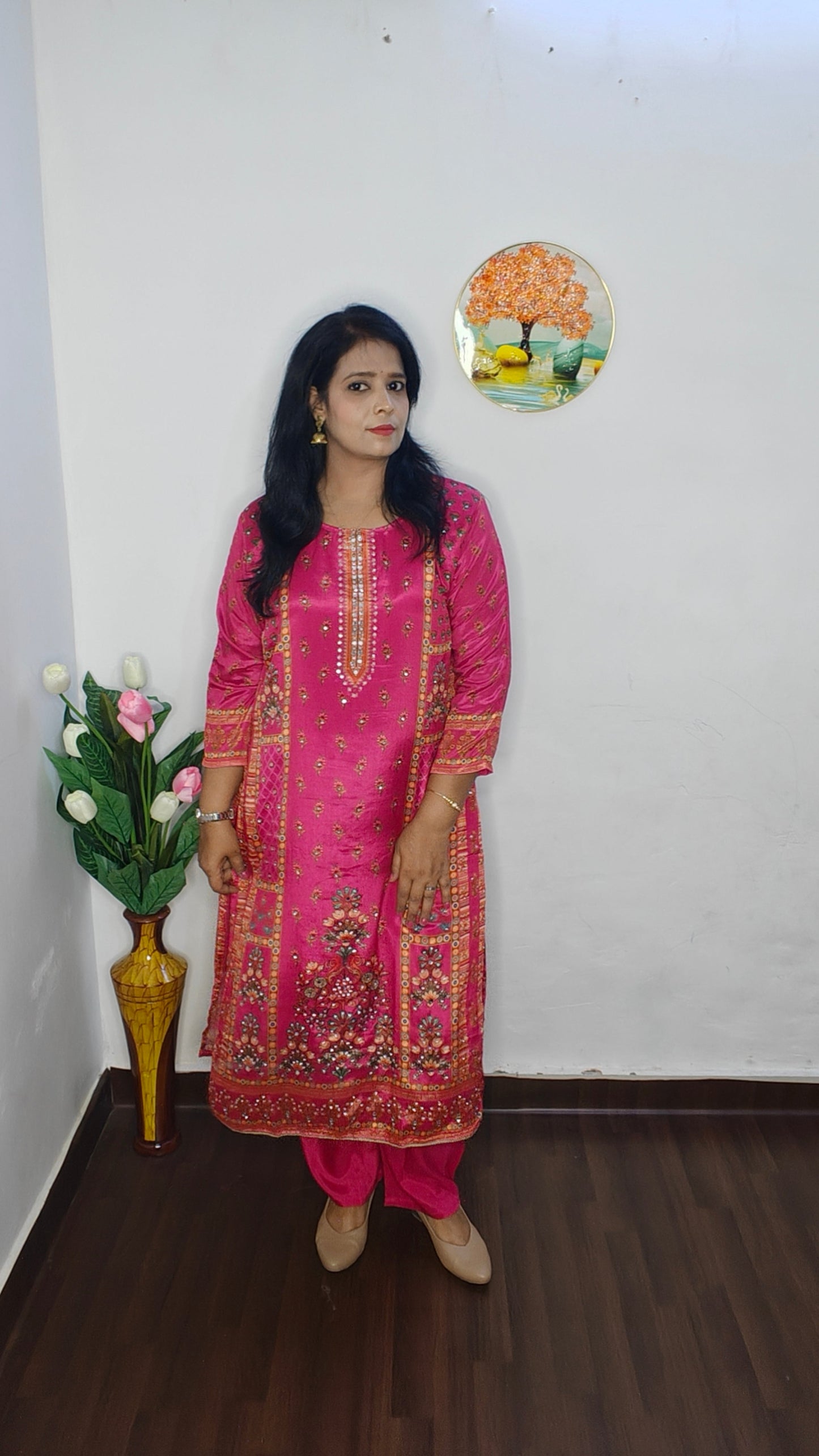 HOT PINK  CHINON GOLDEN SEQUIN WITH MIRROR WORK SUIT SET