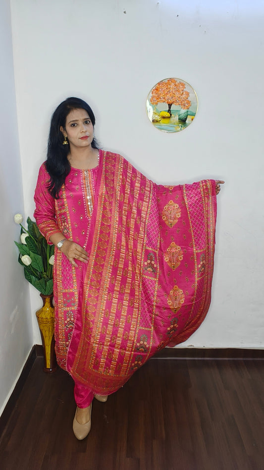 HOT PINK  CHINON GOLDEN SEQUIN WITH MIRROR WORK SUIT SET