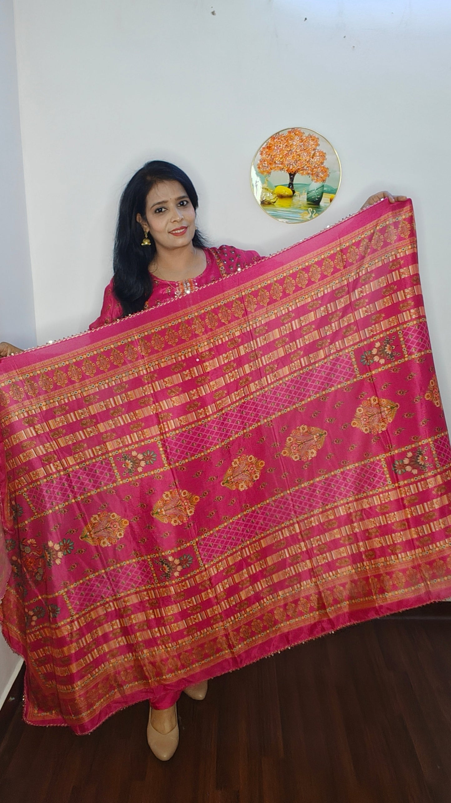 HOT PINK  CHINON GOLDEN SEQUIN WITH MIRROR WORK SUIT SET