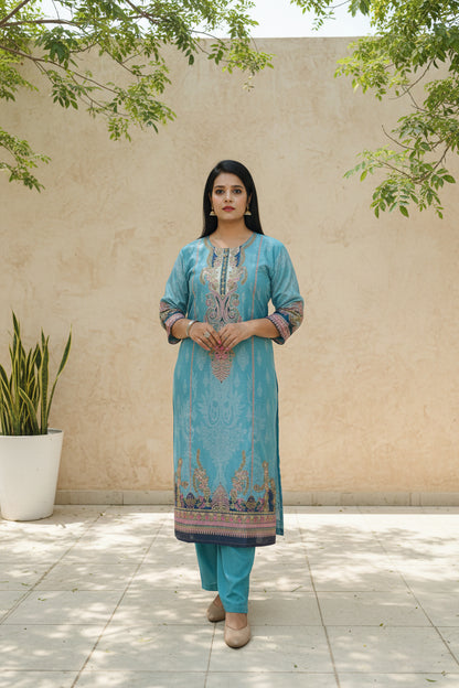 Sky Blue Mirror Embroidered Muslin Suit Set