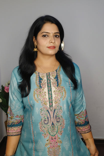 Sky Blue Mirror Embroidered Muslin Suit Set