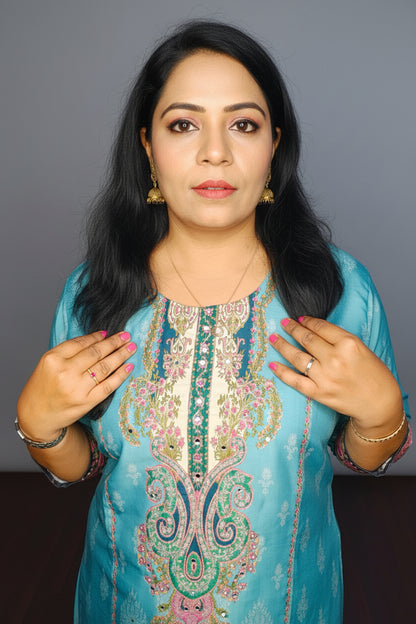Sky Blue Mirror Embroidered Muslin Suit Set