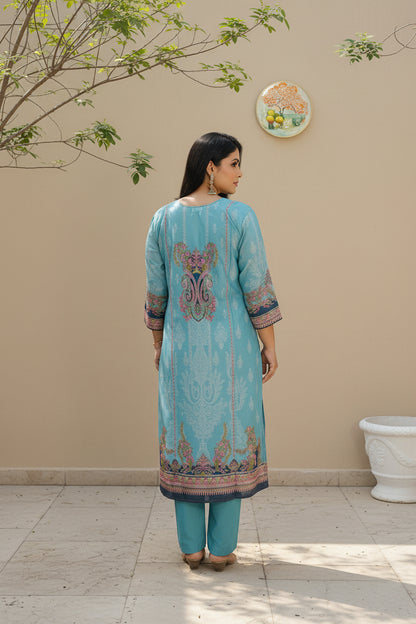Sky Blue Mirror Embroidered Muslin Suit Set