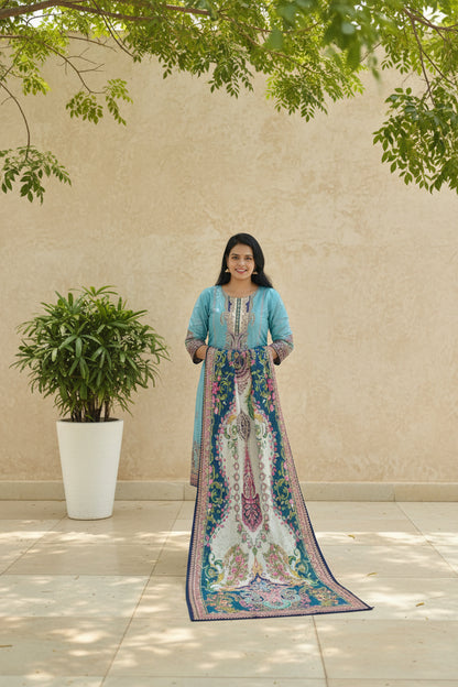 Sky Blue Mirror Embroidered Muslin Suit Set