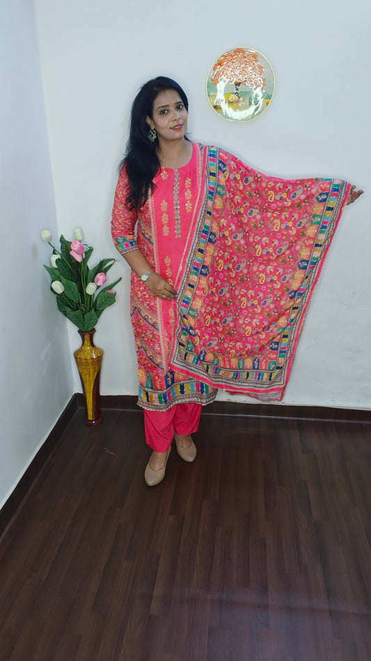 BHAVYA BRIGHT PINK CHINON  SUIT SET