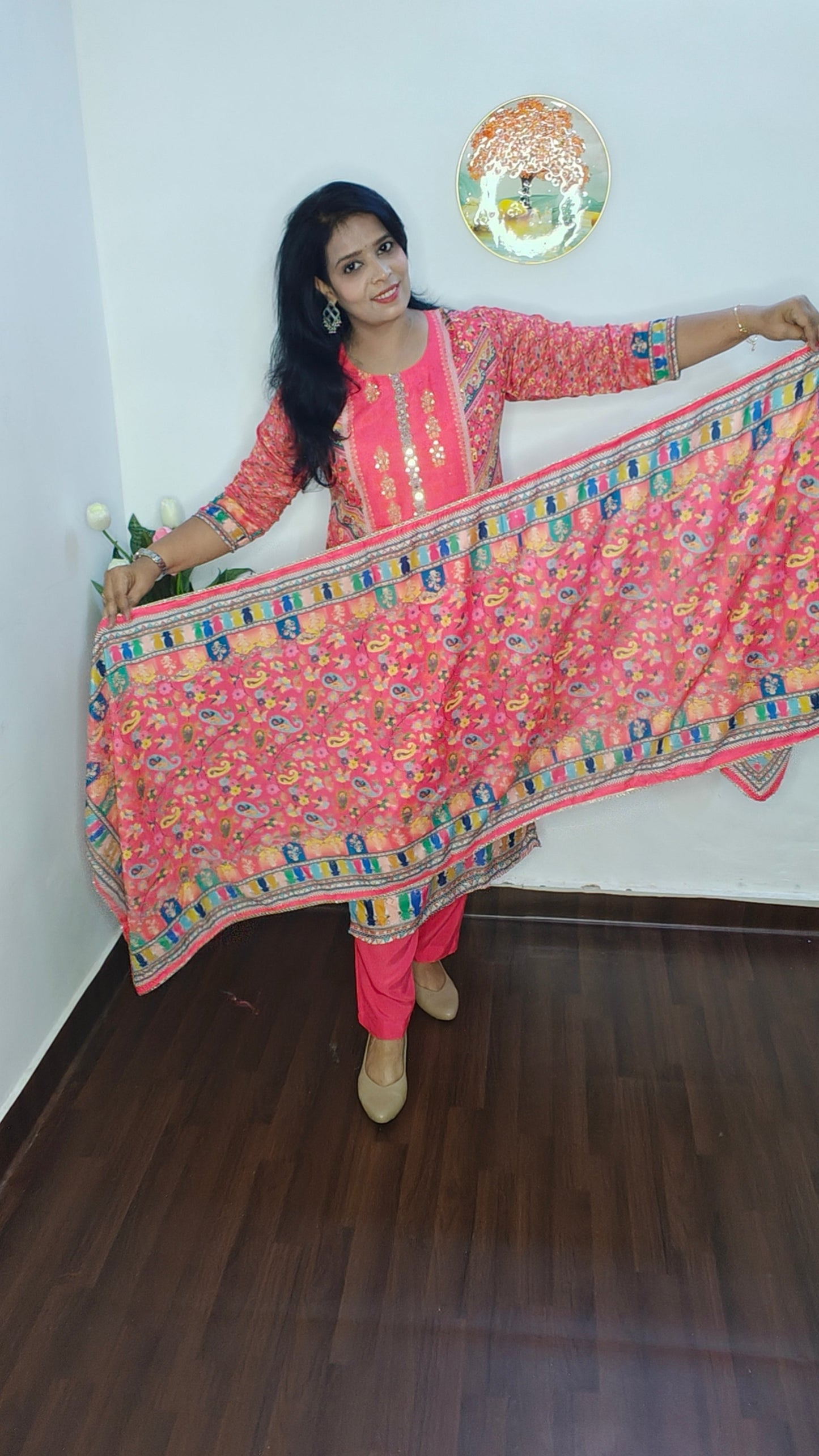 BHAVYA BRIGHT PINK CHINON  SUIT SET