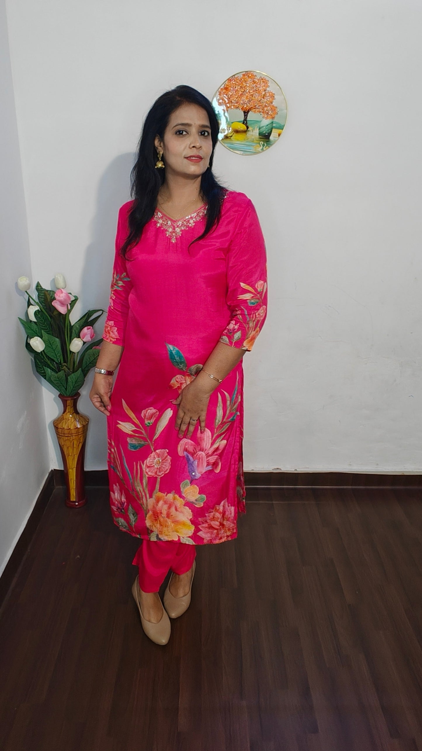 HOT PINK PRINTED STRAIGH SUIT SET