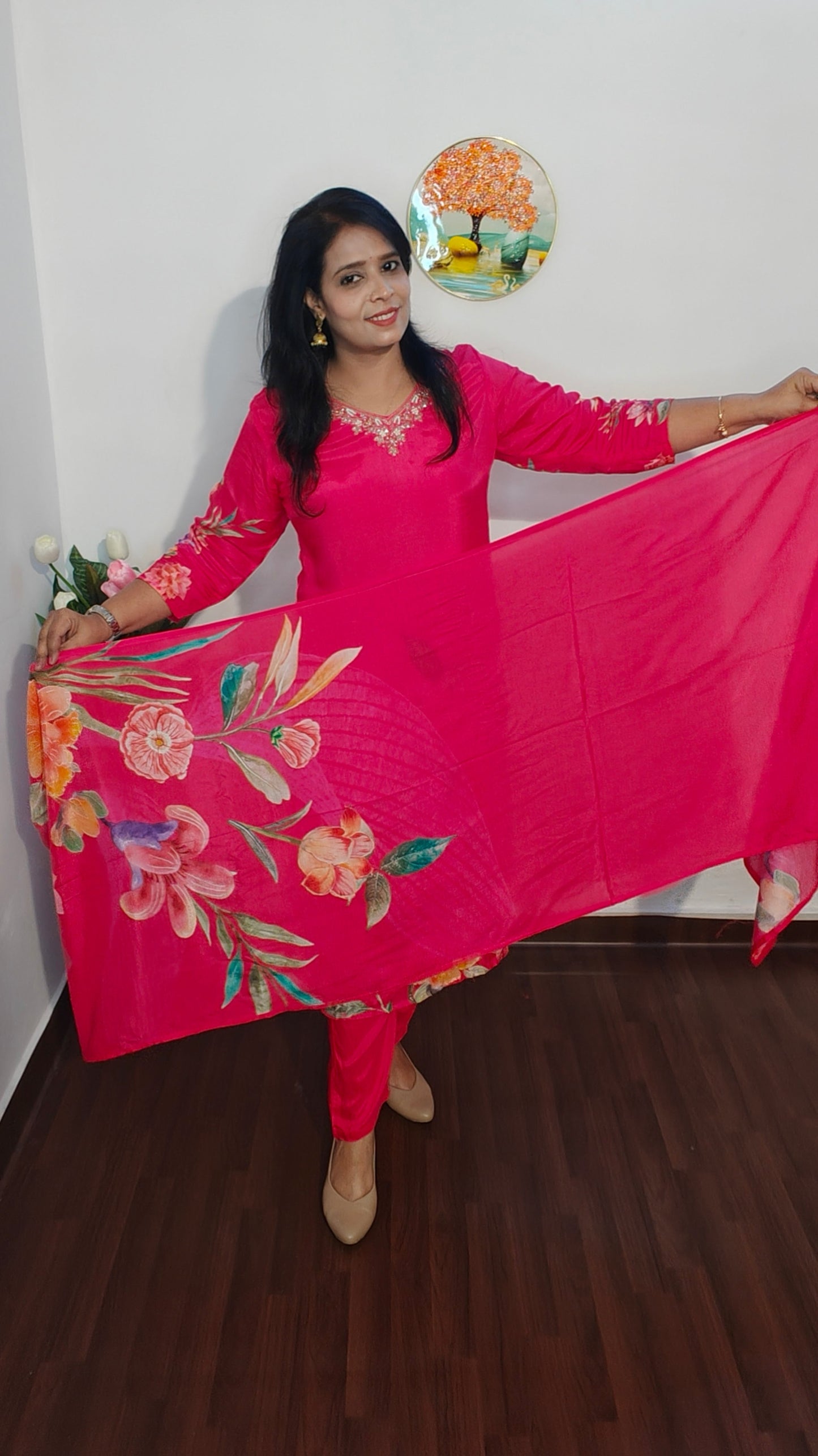 HOT PINK PRINTED STRAIGH SUIT SET