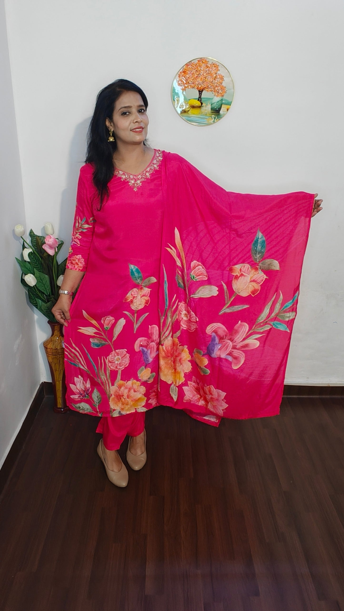 HOT PINK PRINTED STRAIGH SUIT SET