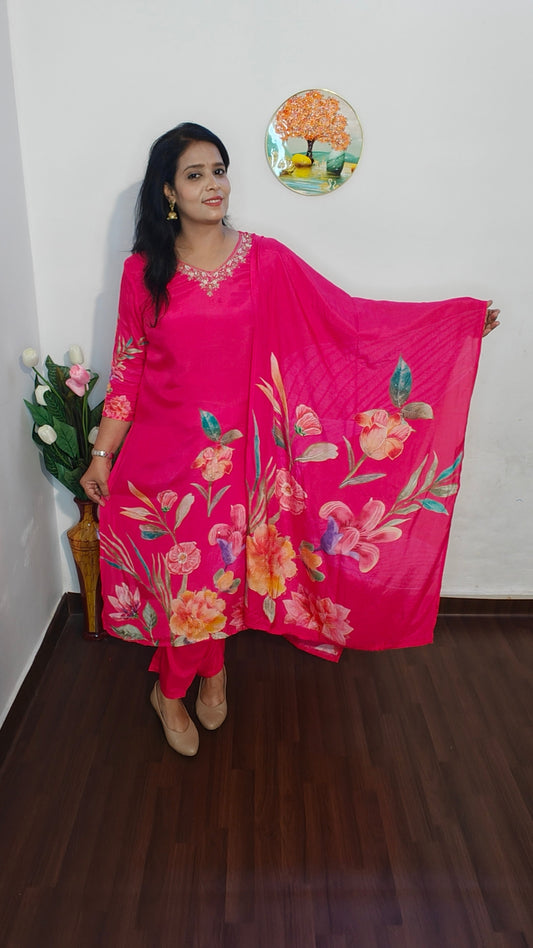 HOT PINK PRINTED STRAIGH SUIT SET