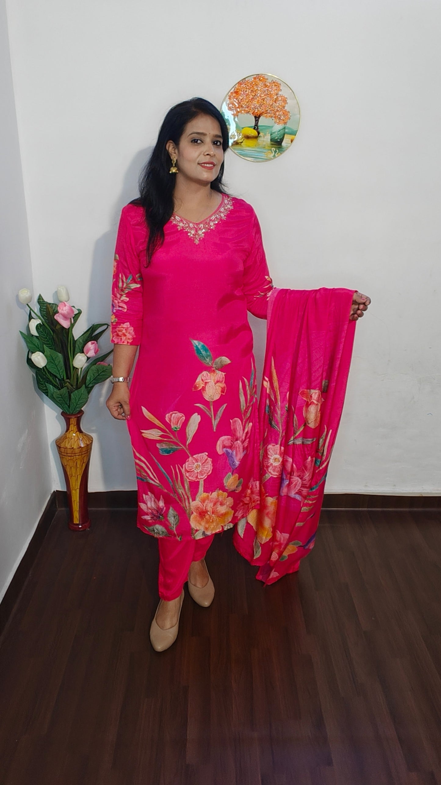 HOT PINK PRINTED STRAIGH SUIT SET