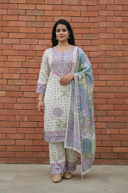 Cream Pearl Embroidered Muslin Palazzo Suit Set