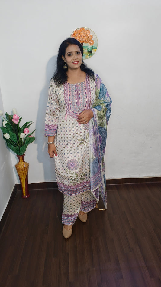 CREAM PEARL EMBROIDERED MUSLIN PALAZZO SUIT SET