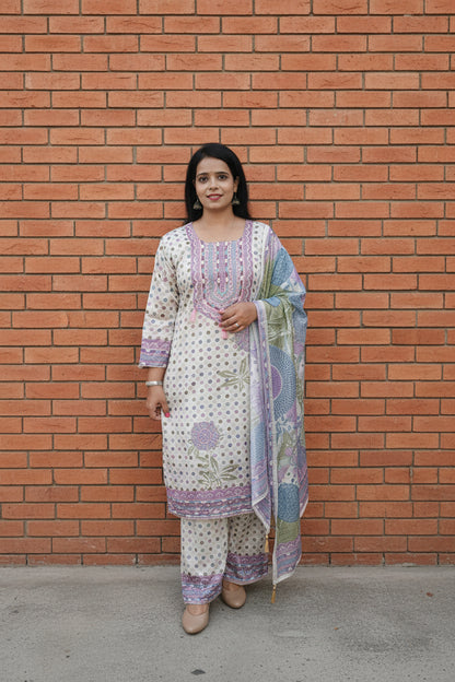 Cream Pearl Embroidered Muslin Palazzo Suit Set