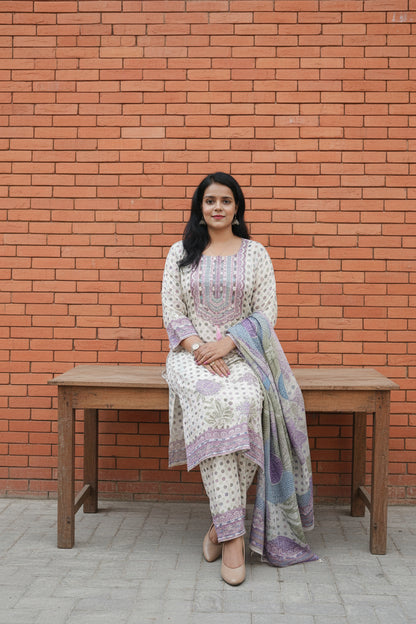 Cream Pearl Embroidered Muslin Palazzo Suit Set