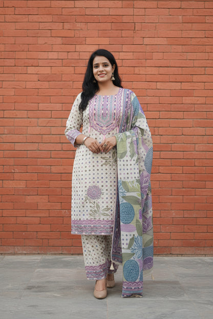 Cream Pearl Embroidered Muslin Palazzo Suit Set