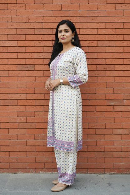 Cream Pearl Embroidered Muslin Palazzo Suit Set