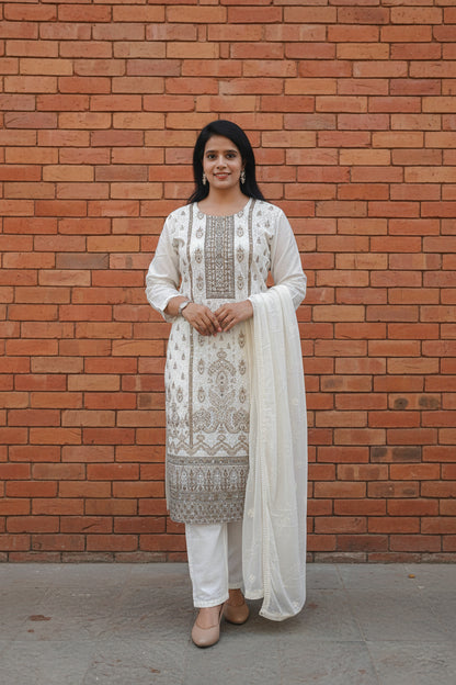 Off-White Schiffli Cotton Suit Set