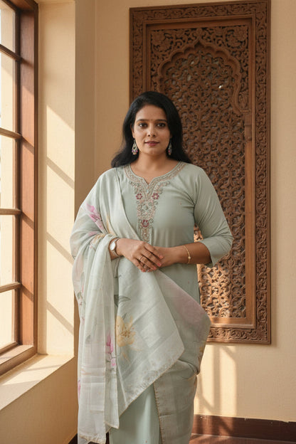 Pista Green Embroidered Dola Silk Suit Set