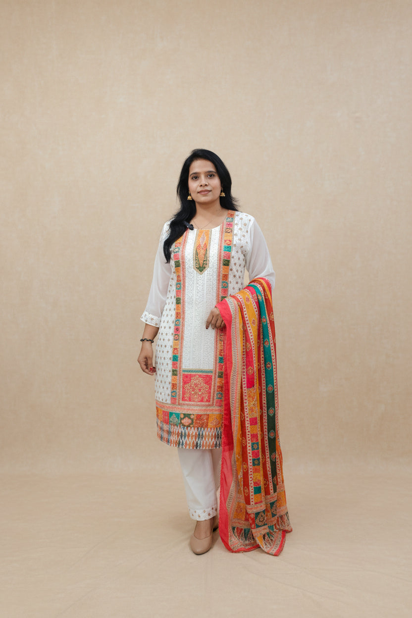 WHITE SHIFFLI EMBROIDERED CHINON SUIT SET