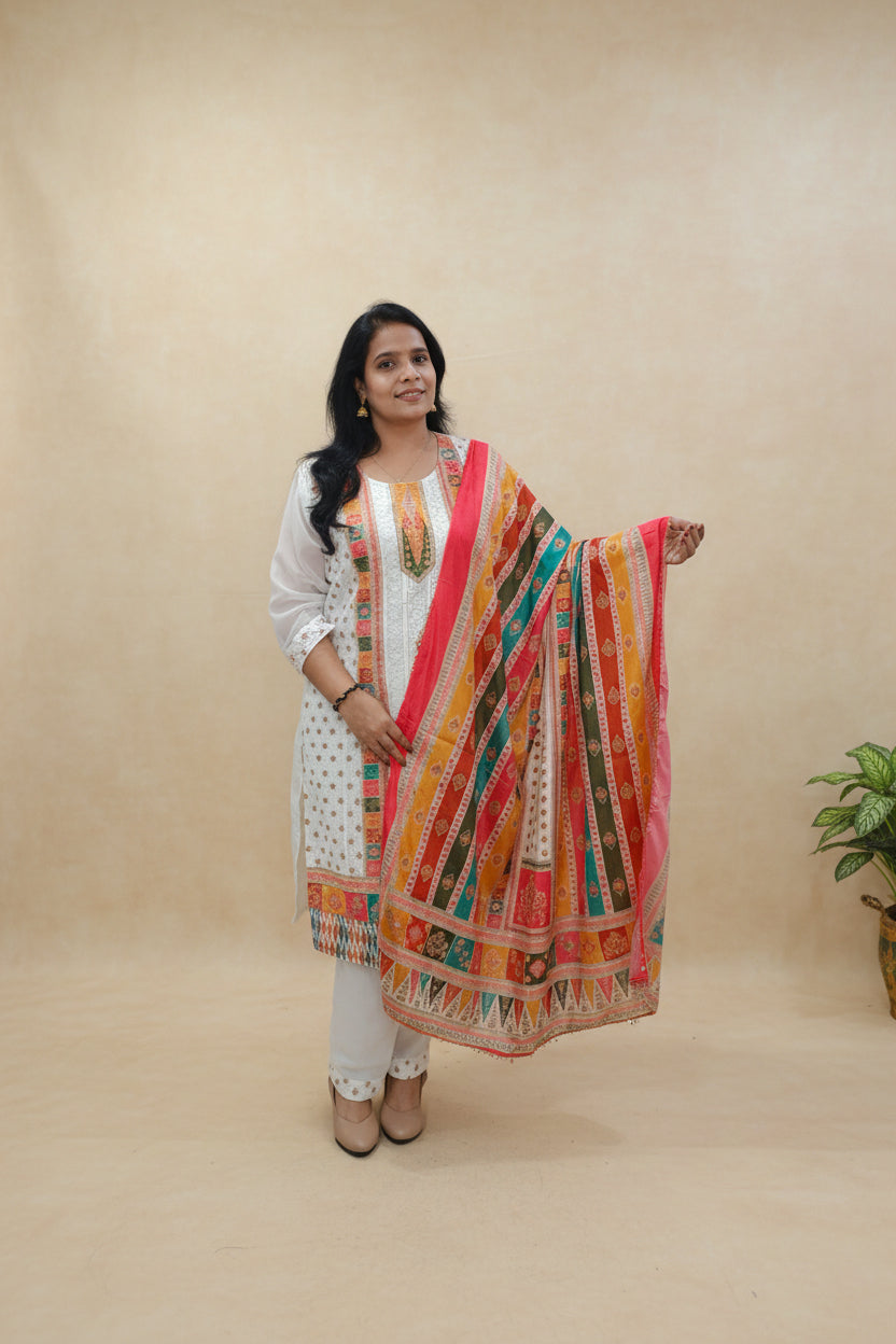 WHITE SHIFFLI EMBROIDERED CHINON SUIT SET