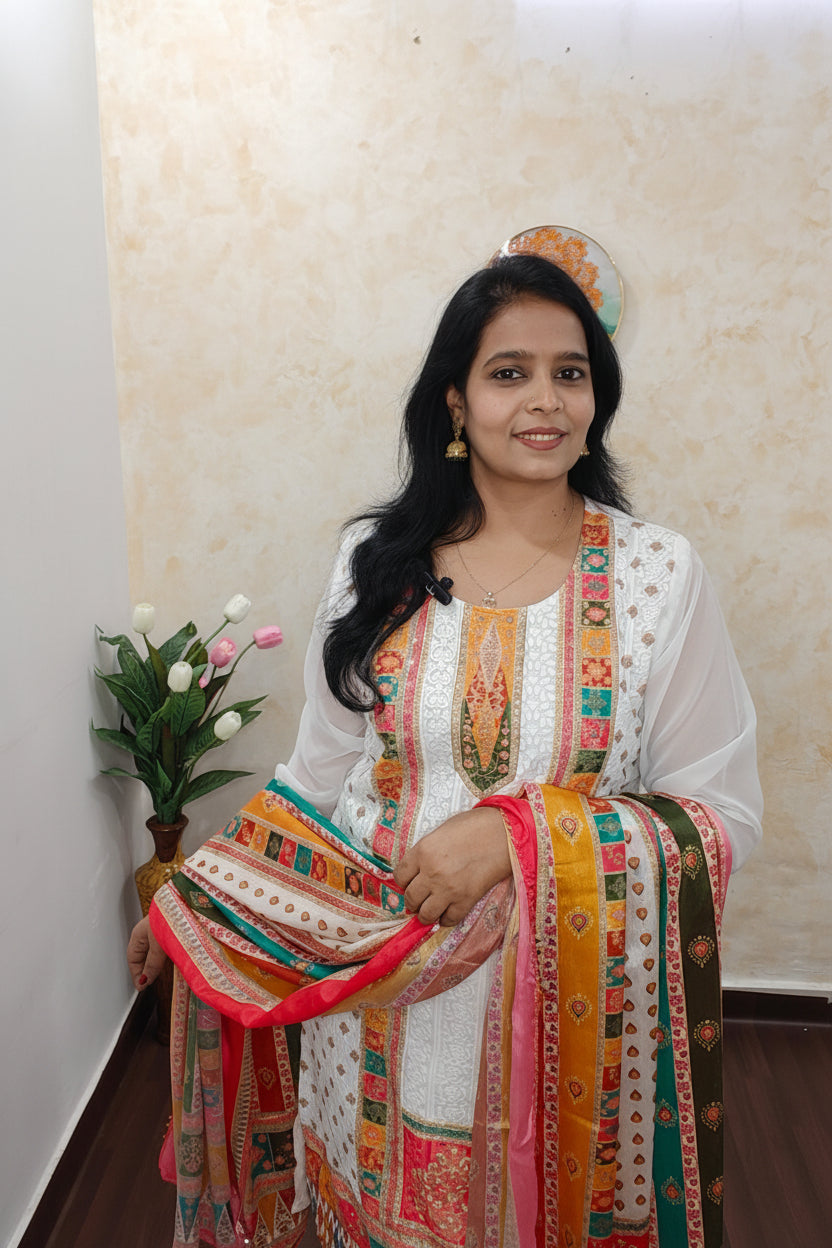 WHITE SHIFFLI EMBROIDERED CHINON SUIT SET