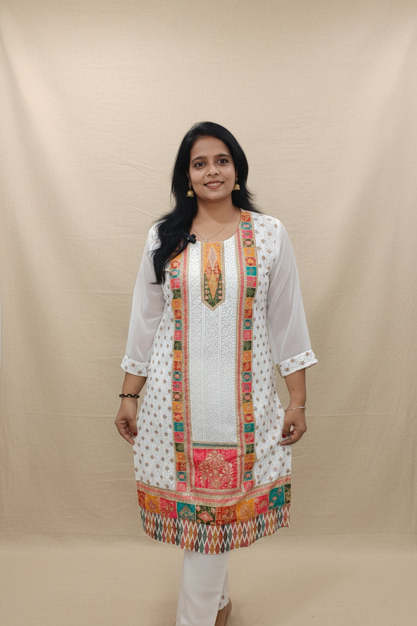 WHITE SHIFFLI EMBROIDERED CHINON SUIT SET