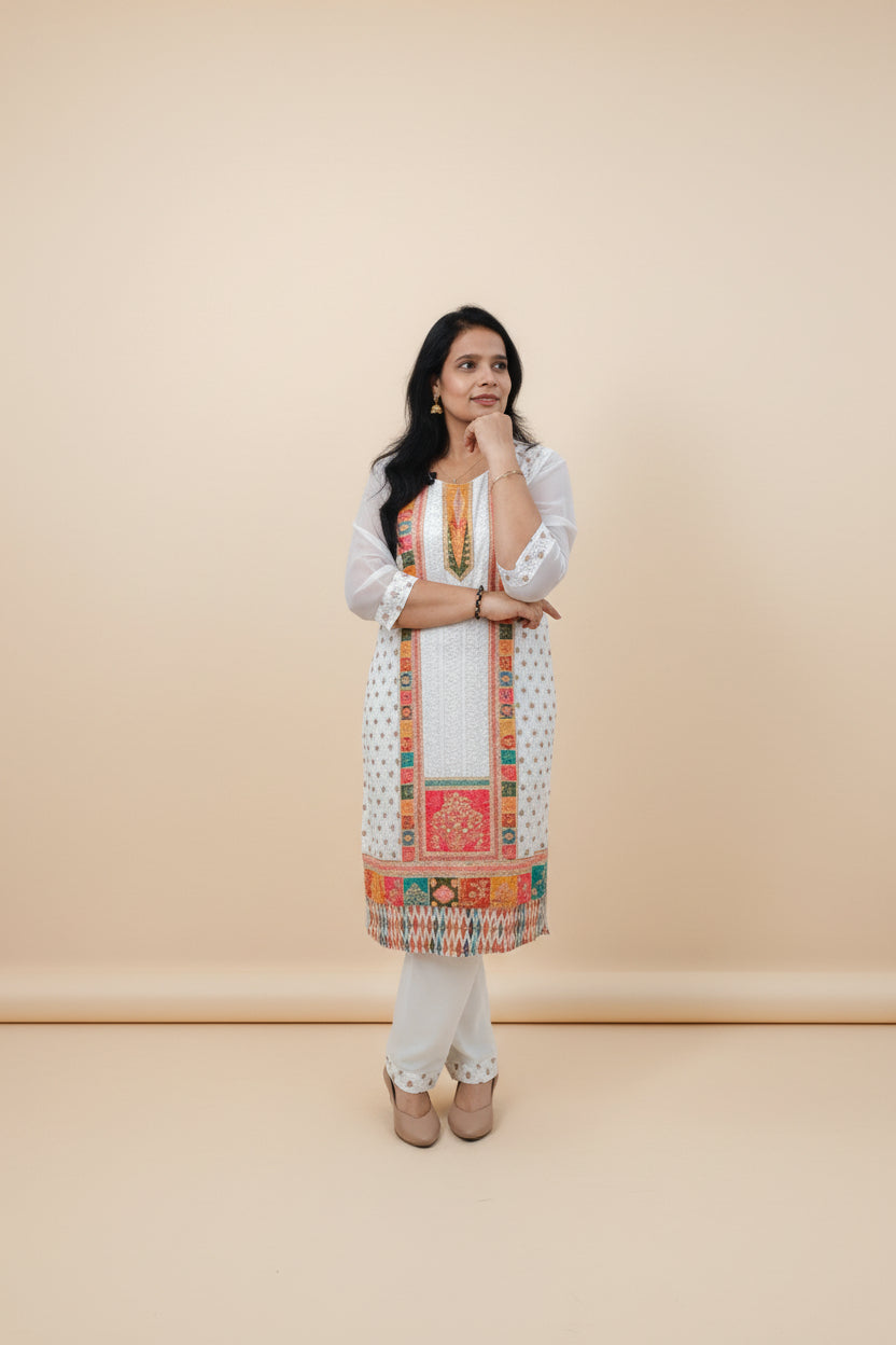 WHITE SHIFFLI EMBROIDERED CHINON SUIT SET