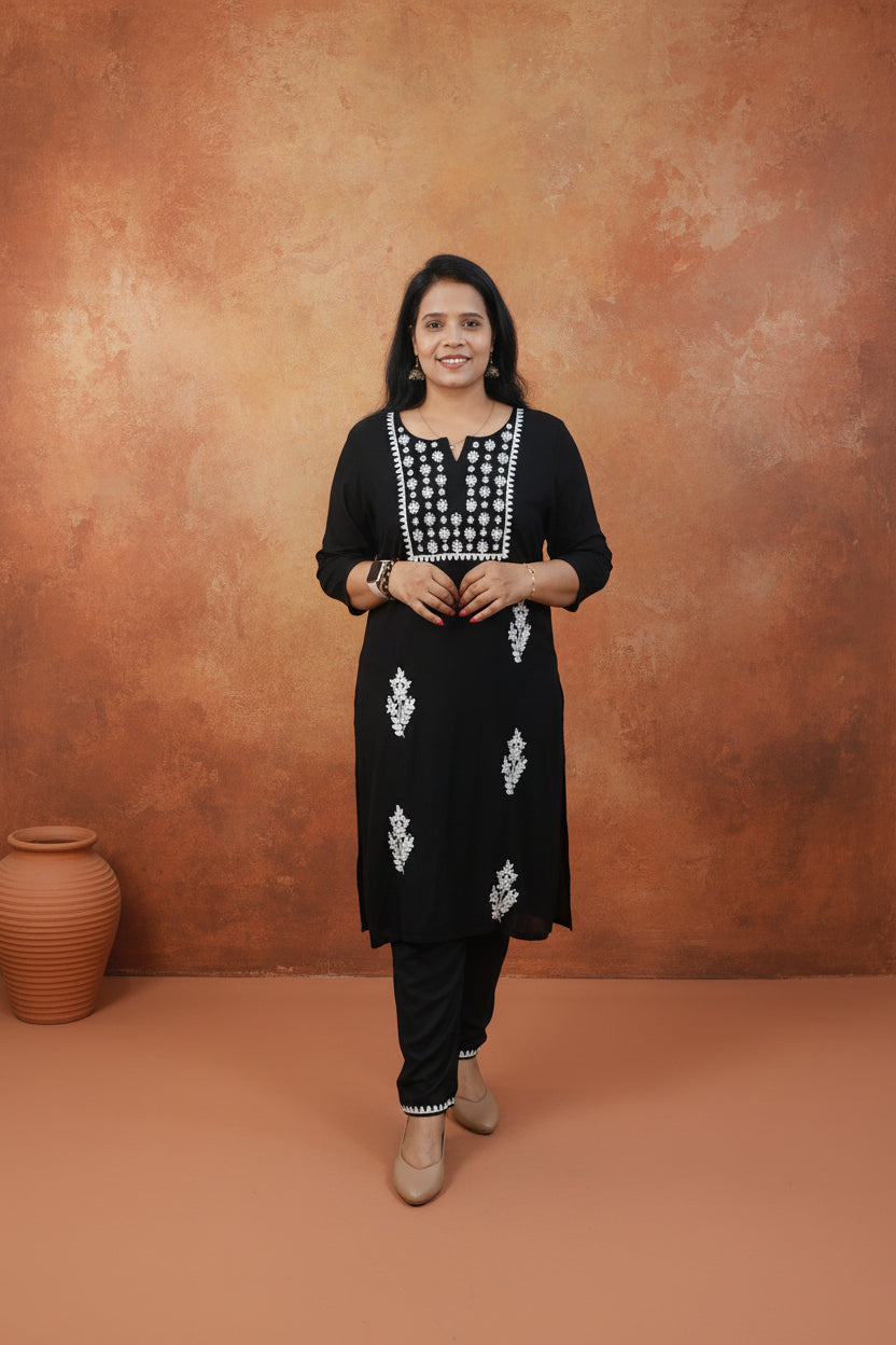 BLACK RAYON  EMBROIDERED KURTA SET