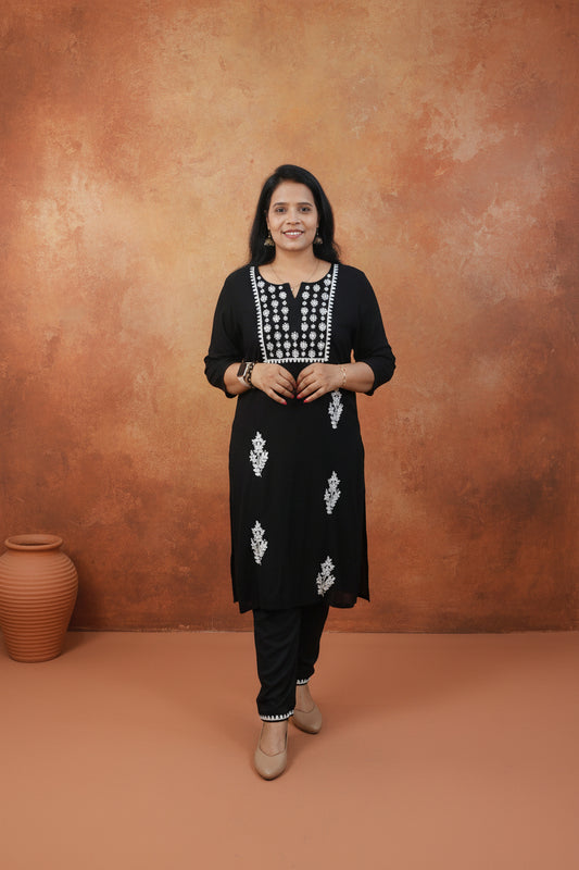BLACK RAYON  EMBROIDERED KURTA SET