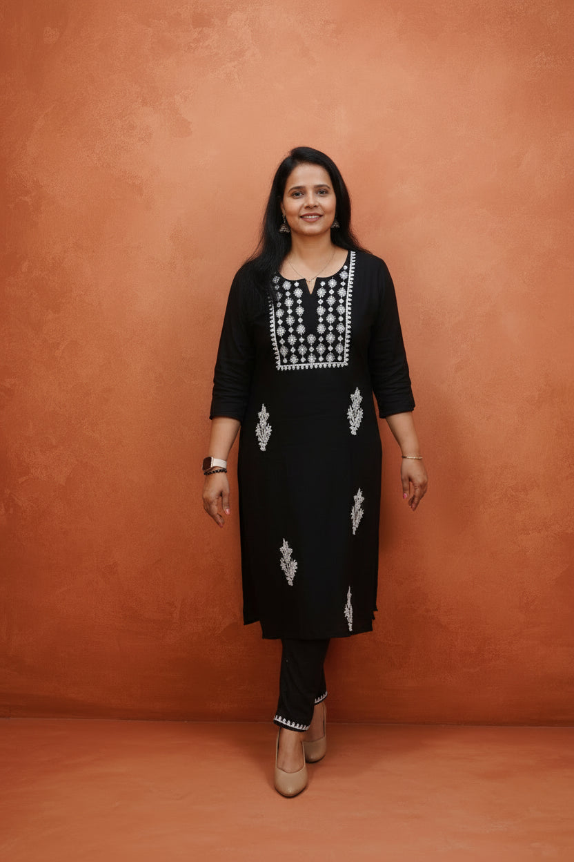 BLACK RAYON  EMBROIDERED KURTA SET